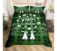 Loussiesd Happy Easter Bedding Set Cute Rabbit Print Comforter Cover Set for Kids Green Plaid Duvet Cover Funny Eagg and Flower Bedspread Cover 2Pcs Single