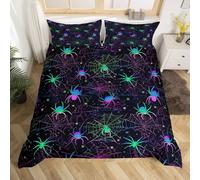 Loussiesd Happy Halloween Bedding Set Double Size Kids Horror Theme Cover Set for Teens Witchcraft Duvet Cover Breathable Cobweb Neon Colorful Bedspread Cover Room Decor Spider Quilt Cover