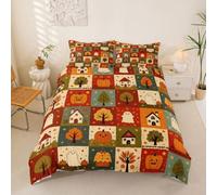 Loussiesd Happy Halloween Duvet Cover King Size Patchwork Grid Ghost Pumpkin Bedding Set for Boys Girls Neutral Farmhouse Autumn Bedspread Bedroom Decor 3Pcs Zipper Closure With 2 Pillowcases