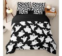 Loussiesd Happy Halloween Duvet Cover With Sheets 7 Piece King Size Black White Ghost Bedding Set for Kids Boys Girls Cartoon Ghost Bed in a Bag White Spooky Room Decor Soft Lightweight Microfiber