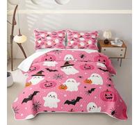 Loussiesd Happy Halloween Quilted Bedspread Single Size Cute Ghost Pumpkin Cobweb Comforter Set for Kids Boys Girls Pink Black White Bedspread with 1 Pillowcase Bedding Lightweight