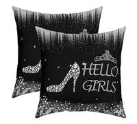 Loussiesd Hello Girls Reversible Throw Pillow Covers for Girls Glitter Silver Grey Pillow Covers Home Decor Diamond High-heeled Shoes Square Cushion Covers Set of 2 Crown Pastel Stylish 16x16 Inch46