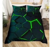 Loussiesd Hexagon Geometric Duvet Cover Women Girl Neon Hexagonal Bedding Double Green Black Modern Beehive Patterns Bedding Set Rug Print Zipper Closure