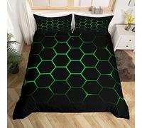 Loussiesd Hexagonal Bedding Set 3D Geometric Honeycomb Duvet Cover for Kids Boys Girls Beehive Hexagon Comforter Cover Neon Green Black Bedding & Linen 2Pcs Single