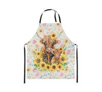 Loussiesd Highland Cow Apron for Women Men 78x66cm Sunflower Floral Bib Apron with Adjustable Neck Highland Cattle Waterproof Apron Cooking Kitchen Chef Apron