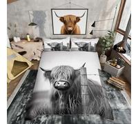 Loussiesd Highland Cow Bedding Duvet Cover Set Double Size Highland Cattle Bedding Set Cute Wild Animal Western Decor Comforter Cover Set for Room Decor Grey Bedspread Cover 2 Pillow Case