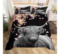Loussiesd Highland Cow Bedding Set Western Bedding & Linen for Kids Adults Cherry Blossoms Duvet Cover Pink Petals Wild Animal Portrait Bedding & Linen 2Pcs With 1 Pillow Case Junior/Cot Bed Size