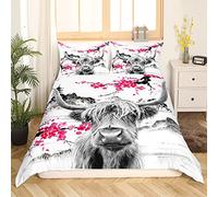 Loussiesd Highland Cow Comforter Cover Cute Red Floral Cattle Bedding Set Kids Girls Women Men Cherry Blossom Duvet Cover Western Bull Cow Print Bedspread Cover Exotic Wild West Animal Double