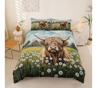 Loussiesd Highland Cow Duvet Cover Set Single Size Cute Highland Cattle Bedding Set for Boys Girls Daisy Duvet Cover Bedroom Decor 2Pcs