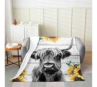 Loussiesd Highland Cow Plush Blanket Farm Highland Cattle Flannel Fleece Blanket for Women Sunflower Farmhouse Style Throw Blanket Soft Wood Grain Flannel Blanket 40x50 Inch