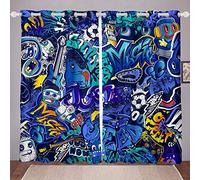 Loussiesd Hip Pop Curtains for Bedroom Teens Boys Kids Hippie Graffiti Room Curtain Gaming Rock Music Window Drapes Video Gamepad Sports Car Guitar Window Treatment Blue W46*L54