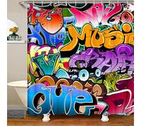 Loussiesd Hippie Graffiti Bathroom Shower Curtain with Hooks Kids Boys Teens Colorful Cartoon Alphabet Art Waterproof Shower Curtains Machine Washable Graffiti Wall Curtians Home Bath 72x84 Inch