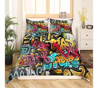 Loussiesd Hippie Graffiti Bed Linen for Boys Teenagers Hip Hop Street Culture Bedding Set 135 x 200 cm Children's Wall Graffiti Art Duvet Cover Graffiti Pattern Bed Set with 1 Pillowcase 80 x 80 cm