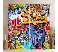 Loussiesd Hippie Graffiti Curtains Colorful Graffiti Art Printed Curtains for Bedroom Living Room for Kids Boys Teens Hip Hop Windows Drapes Street Hipster Curtains,W52*L63