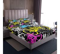 Loussiesd Hippie Graffiti Style Bedding Set Hip Hop Decor Bed Sheets for Kids Boys Girls Graffiti Pattern Bed Sheet Set English Alphabet Fitted Sheet With 2 Pillowcases 3Pcs Bedding King