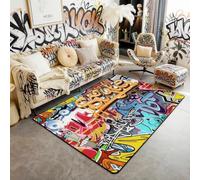 Loussiesd Hippie Graffiti Style Decorative Carpet Area Rug Hip Hop Decor Living Room Rugs for Decor Graffiti Graphic Accent Rug Set Microfiber Non Slip Area Runner Rug 150 * 200cm