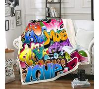 Loussiesd Hippie Graffiti Style Sherpa Blanket Kids Boys Hip Hop Street Culture Fleece Throw Blanket Teens Colorful Graffiti Pattern Plush Blanket Hipster Fuzzy Blanket for Sofa Bed 40x50 Inch