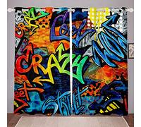 Loussiesd Hippie Graffiti Style Window Curtains for Bedroom Living Room Teens Hip Hop Decor Curtains for Kids Boys Girls Graffiti Window Drapes Street Culture Window Treatments W46*L72