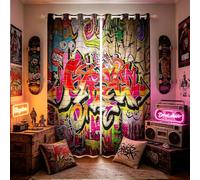 Loussiesd Hippie Graffiti Style Windows Drapes Hip Hop Decor Curtains for Bedroom Living Room for Kids Boys Girls Graffiti Pattern Curtains Street Culture Theme Room Decoration,W52*L63