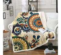 Loussiesd Hippie Mandala Fleece Throw Blanket for Sofa Bed Boho Mandala Plush Blanket Colorfulative Ethnic Floral Peacock Feathers Chic Flowers Double 60x79 Inch