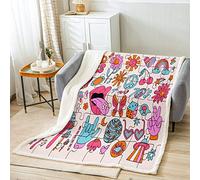 Loussiesd Hippie Peace Art Fleece Throw Blanket for Bed Sofa Kids 60S 70S Groovy Puzzle Pattern Plush Blanket Room Decorative Mushroom Flower Sherpa Blanket Retro Fuzzy Blanket Baby 30x40 Inch