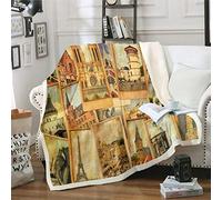 Loussiesd Historical European Scenery Blanket for Bed Couch Travel Famous Eiffel Tower Fleece Blankets Decorative Retro Cityscape Plush Throw Blanket Soft Sherpa Blanket Double 60"x79"