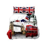 Loussiesd Home Bedding Set London Cityscape Duvet Cover Decoraive London Bridge Red Double Decker Bus Bed Cover 3D Modern Famous City Bedspread Cover with 1 Pillow Shams Single Zipper