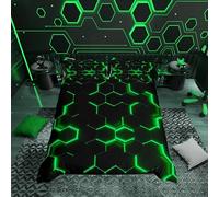 Loussiesd Honeycomb Bedding Duvet Cover Hexagon Theme with Green Neon Lights Comforter Cover,Boys Teen Man Chic Home Bedding Quilt Cover 3Pcs with 2 Pillowcases Black King