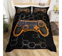 Loussiesd Honeycomb Gamer Duvet Cover Set Double Size For Kids Boys Teens Hexagonal Gaming Bedding Set Orange Neon Gamepad Comforter Cover with 2 Pillowcases Game Console Controller Beds Set