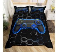 Loussiesd Honeycomb Gamer Duvet Cover Set Double Size For Kids Boys Teens Hexagonal Gaming Bedding Set Blue Neon Gamepad Comforter Cover with 2 Pillowcases Game Console Controller Beds Set