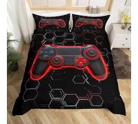 Loussiesd Honeycomb Gamer Duvet Cover Set Single Size For Kids Boys Teens Hexagonal Gaming Bedding Set Red Neon Gamepad Comforter Cover with 1 Pillowcase Game Console Controller Beds Set