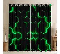 Loussiesd Honeycomb Window Drapes Hexagon Theme with Green Neon Lights Window Curtains For Bedroom Living Room Boys Man Chic Home Blackout CurtainsBlack Window Treatments W46*L72