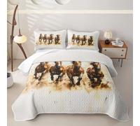 Loussiesd Horse 2 Piece Quilted Bedspread Single Size Galloping Horse Microfiber Lightweight Cute Animal Decor Bedspread Coverlet with 1 Pillowcase Kawaii Bed Covers for All Season Brown and White