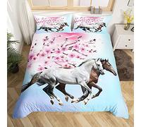 Loussiesd Horse Bedding & Linen Chic Cherry Blossoms Bedding Set Kids Girls Teens Galloping Horse Duvet Cover 3D Wild Animal Microfiber Bedding & Linen Pink Blue Single Size