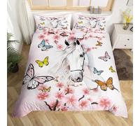 Loussiesd Horse Bedding Set Butterfly Sukura Duvet Cover Set for Girls Farm Animal Comforter Cover Farmhouse Bedspread Cover 1 Duvet Cover with 1 Pillowcase Junior/Cot Bed Size