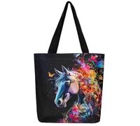 Loussiesd Horse Canvas Tote Bags for Women Gifts Colorful Floral Large Capacity Shoulder Handbags Travel Beach Bag Butterfly Reusable Grocery Bag for Shopping Gym Cute Animal Decor Wildlife
