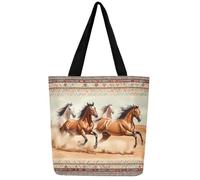 Loussiesd Horse Canvas Tote Bags for Women Gifts Galloping Horse Large Capacity Shoulder Handbags Travel Beach Bag Southwestern Ethnic Tribal Reusable Grocery Bag for Shopping Gym Cute Animal Decor