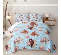 Loussiesd Horse Quilted Bedspread for All Season Blossom Flowers Pattern Bedspread King Size for Kids Boys Cute Cartoon Style Quilted Bedding with 2 Pillowcases Wildlife Coverlet Set Sky Blue Brown