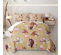 Loussiesd Horse3 Piece Quilted Bedspread Double Size Yellow Brown Microfiber Lightweight Blossom Flowers Pattern Bedspread Coverlet with 2 Pillowcases Cute Cartoon Style Bed Covers for All Season