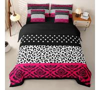 Loussiesd Hot Pink Damask Pattern Duvet Cover With Sheets 7 Piece King Size Leopard Cheetah Print Bedding Set for Kids Boys Girls Polka Dots Patchwork Bed in a Bag
