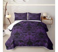 Loussiesd Jacquard Damask Quilted Bedspread for All Season Purple Skull Happy Halloween Bedspread Double Size for Kids Boys Gothic Damask Print Quilted Bedding with 2 Pillowcases Coverlet Set Soft