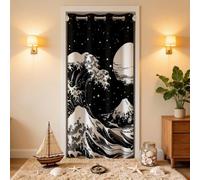 Loussiesd Japan Door Curtain 86X203Cm - Wave Mountain Fuji Privacy Closet Shade - Oriental Moon Design in White and Black