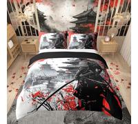 Loussiesd Japanese Bedding Set Double Samurai Comforter Cover Set for Boys Girls Teens Sunset 100% Cotton Duvet Cover Traditional Retro Theme Bedspread Cover White Red Quilt Cover No Comforter