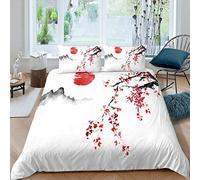 Loussiesd Japanese Cherry Blossom Bedding Set Smoky Mountain Print Soft Duvet Cover for Kids Boys Girls Teens Watercolour Comforter Cover(1 Duvet Cover 2 Pillow Cases),Double Size