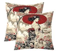 Loussiesd Japanese Geishas Throw Pillow Covers 45x45cm Set of 2 Kids Cherry Blossoms Cushion Case for Boys Girls Teens Ocean Wave Ukiyoe Theme Decor Pillowcase Home Decor