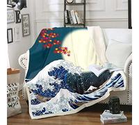 Loussiesd Japanese Hokusai Plush Throw Blanket - Exotic Japanese-Style Fleece Sherpa - Blue Wave Pattern - Fuji Mountain - 50"x60"