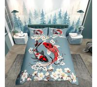 Loussiesd Japanese Koi Fish Duvet Cover Set Super King Size Cherry Blossoms Bedding Set Kids Boys Girls Botanical Flowers Floral Print Duvet Cover with 2 Pillowcases Japanese Style Bedding