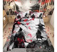 Loussiesd Japanese Samurai Duvet Cover Kids Japanese Ukiyoe Bedding Set for Boys Girls Teens Cherry Blossoms Home Decor Bed Cover Japanese-Style 3Pcs Double