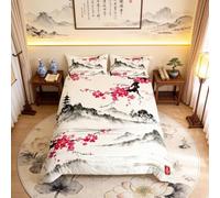 Loussiesd Japanese Style Cherry Blossoms Duvet Cover Set Watercolor Ink Painting Bedding Set Double For Girls Women Teens Adults Decor Pink Flowers Landscape Beds Set With Zipper