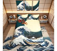 Loussiesd Japanese-Style Duvet Cover Wave Decor Ukiyo-e Theme Bedding Set - Maple Leaf Moon Printed Comforter Cover With Zipper Ties - Soft Microfiber Quilt, 1 Duvet Cover With 1 Pillow Cases, Single